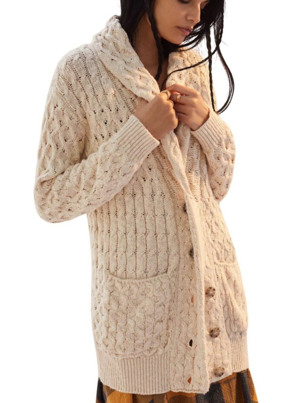 Pilcro Anthropologie Cable Knit Hooded Cardigan Medium Cream Cotton Sweater Coat